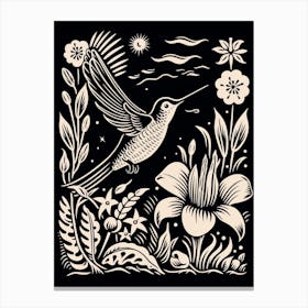 B&W Bird Linocut Hummingbird 6 Canvas Print