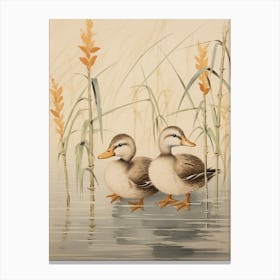 Ducklings With Pond Grass Japanese Woodblock Style 1 Canvas Print