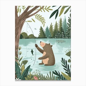 Sloth Bear Catching Fish In A Tranquil Lake Storybook Illustration 4 Canvas Print