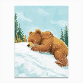 Brown Bear Cub Sliding Down A Snowy Hill Storybook Illustration 2 Canvas Print
