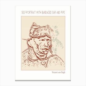 Line Art Minimalist – Self Portrait With Bandaged Ear And Pipe – Vincent Van Gogh – Classic Painting 1 Canvas Print