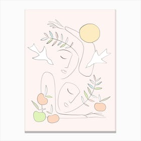 Serene Abstract Line-art Matisse Together Summer Love with Fruits and birds - pastel pink Canvas Print
