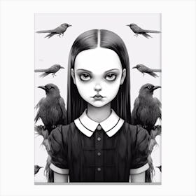 Portrait Of Wednesday Addams World Line Art With Ravens Fan Art Canvas Print