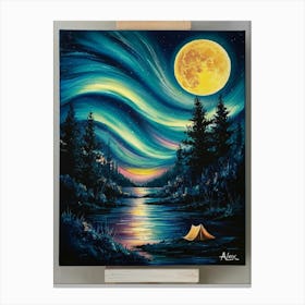 A Captivating Nocturnal Scene Painted In Vibrant Colors, Featuring A Large, Bright Yellow Moon Dominating The Sky Leinwandbild