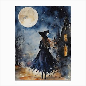 A Little Witch on A Full Moon ~ Wishing Witchy Witches Pagan Spooky Fairytale Magical Watercolour Canvas Print