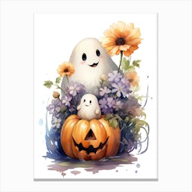 Cute Ghost With Pumpkins Halloween Watercolour 157 Canvas Print