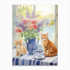 Cat With Lilly Of The Valley Flowers Watercolor Mothers Day Valentines 1 Canvas Print
