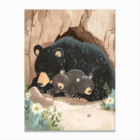 American Black Bear Family Sleeping In A Cave Storybook Illustration 3 Canvas Print