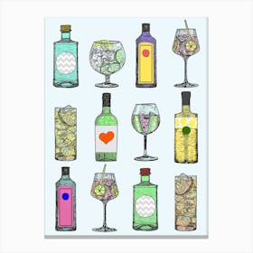 Gin Bottles Blue Background Lienzo