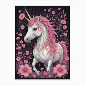 Unicorn In Pink Flowers 2 Canvas Print