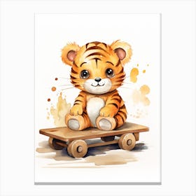 Baby Tiger On A Toy Car, Watercolour Nursery 5 Canvas Print