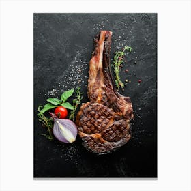BBQ, Grilled steak on a bone — Food kitchen poster/blackboard, photo art 1 Canvas Print