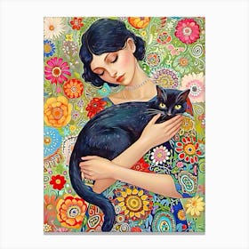 Woman And Black Cat Canvas Print