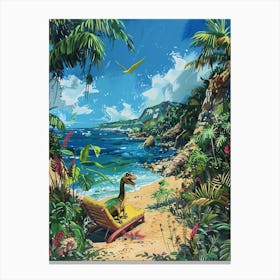 Dinosaur On A Sun Lounger On The Beach 3 Canvas Print