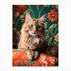 Realistic Photography Of Cat Resting On Floral Ottoman 1 Canvas Print