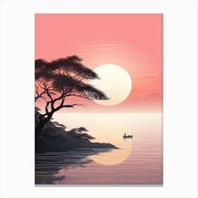 An Illustration In Pink Tones Of A Boat And Trees Overlooking The Ocean 1 Canvas Print