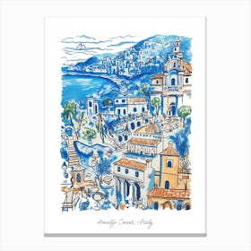 Amalfi Coast Italy Illustration Line Art Travel Blue Canvas Print