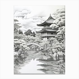 Kinkaku Ji (Golden Pavilion) In Kyoto, Ukiyo E Black And White Line Art Drawing 4 Canvas Print