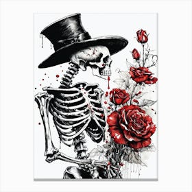 Floral Skeleton With Hat Ink Painting (85) Canvas Print
