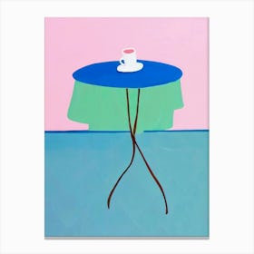 Café Table Art Print – Modern Abstract Coffee Cup Illustration in Blue and Pink Canvas Print