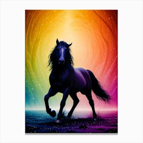 Black Horse In Front of Rainbow Colors Canvas Print