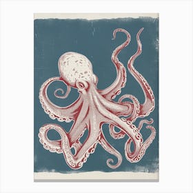 Octopus In Ocean Blue Linocut Background 1 Canvas Print