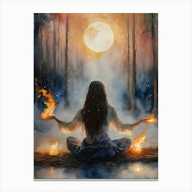 Fire and Ice ~ A Powerful Sorceress in the Forest Conjuring the Elements Witchy Art - Watercolor Witch Creating Magick Pagan Wicca Wheel of the Year Esbat Spell Night Empowering Healing Balancing Emotions HD Canvas Print