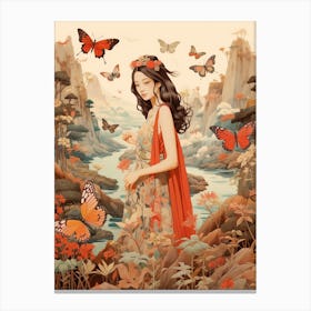 Woman In The Rocky Mountains With Butterflies Japanese Style Painting Canvas Print