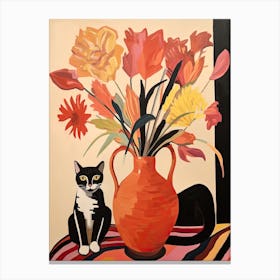 Orchid Flower Vase And A Cat, A Painting In The Style Of Matisse 3 Canvas Print