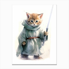 Kitten Cat As A Jedi Watercolour 4 Canvas Print