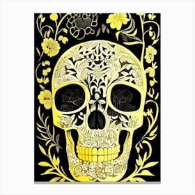 Skull With Floral Patterns Yellow Linocut Canvas Print