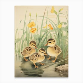 Ducklings In The Flowers Japanese Woodblock Style 1 Canvas Print