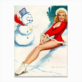 Pinup Ice Skating Girl with Amazed Snowman Canvas Print