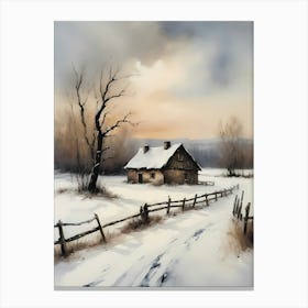 Rustic Winter Oil Painting Vintage Cottage (3) Canvas Print