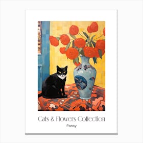 Cats & Flowers Collection Pansy Flower Vase And A Cat, A Painting In The Style Of Matisse 0 Canvas Print