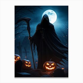 Sinister Reaper Silhouetted Against A Full Moon On Halloween Night Draped In A Tattered Black Cloak (5) Canvas Print