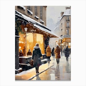 Paris cafes, winter season, Christmas, autumn oil colors, pale colors, pedestrians in the street, winter clothes, falling snow.6 Canvas Print