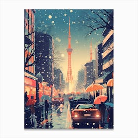 Winter Travel Night Illustration Tokyo Japan 1 Canvas Print