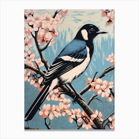 Vintage Bird Linocut Magpie 10 Canvas Print