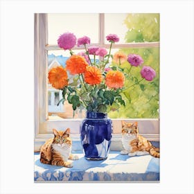 Cat With Marigold Flowers Watercolor Mothers Day Valentines 2 Canvas Print