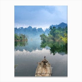 Boat In The Lake At Foggy Dawn Oil Painting Landscape Canvas Print