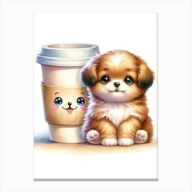 Cute Puppy With Coffee Cup Canvas Print