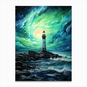 Lighthouse At Night - Green Sky Canvas Print