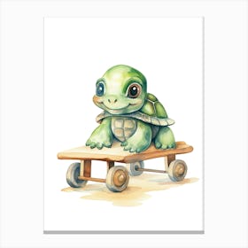 Baby Turtle On A Toy Car, Watercolour Nursery 3 Canvas Print