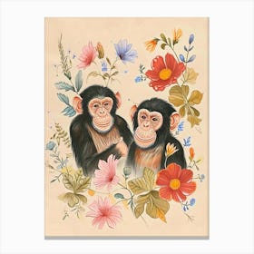 Folksy Floral Animal Drawing Chimpanzee 4 Canvas Print