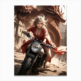 Gorgeous Sexy Girl riding Big Motorcycle Chased by Red Dragons Canvas Print