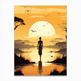 Silhouette Of African Woman Walking In The Water Canvas Print