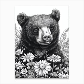 Malayan Sun Bear Cub In A Field Of Flowers Ink Illustration 2 Canvas Print