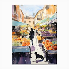 Food Market With Cats In Rome 1 Watercolour Canvas Print