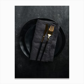 Cutlery and black plate — Food kitchen poster/blackboard, photo art 1 Canvas Print